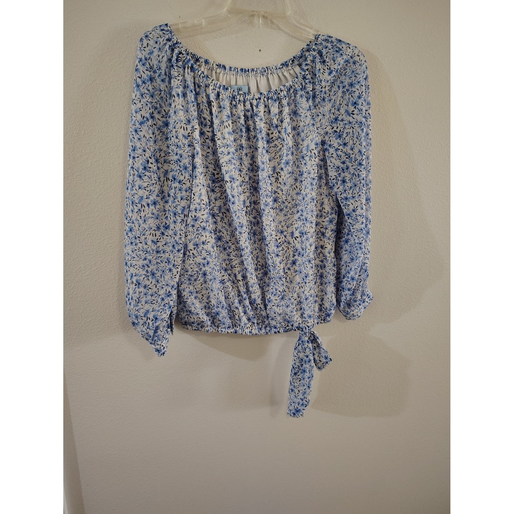 CeCe Womens Blue White Floral Chiffon Off Shoulder Tie Hem Blouse Small